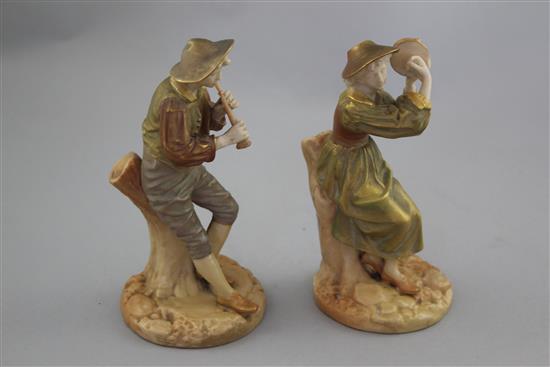 Two Royal Worcester shot enamels figures of a shepherd and shepherdess, modelled by James Hadley, 15.5cm and 15cm